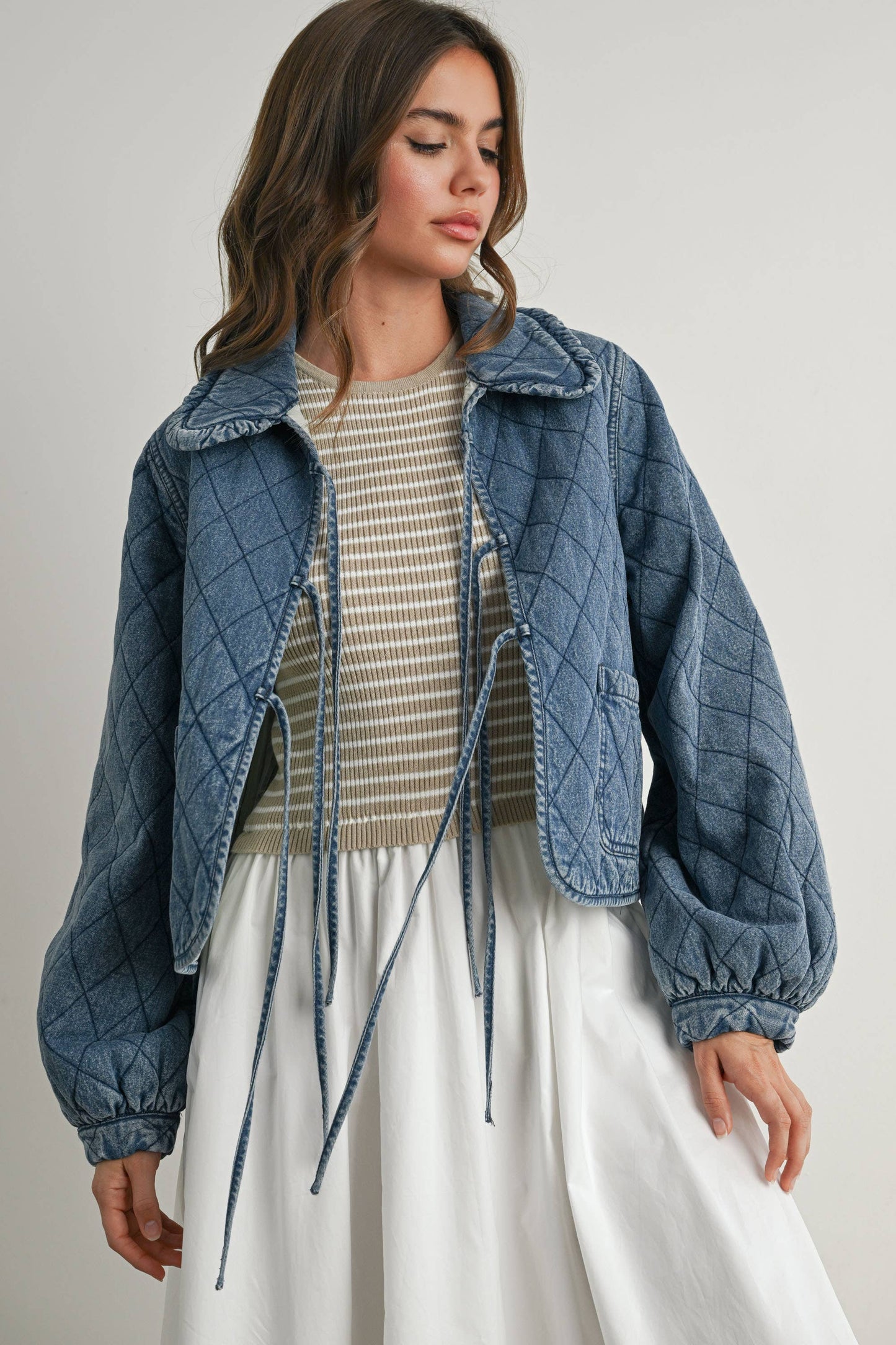 Quilted Long Sleeve Tie-Front Jacket - DENIM