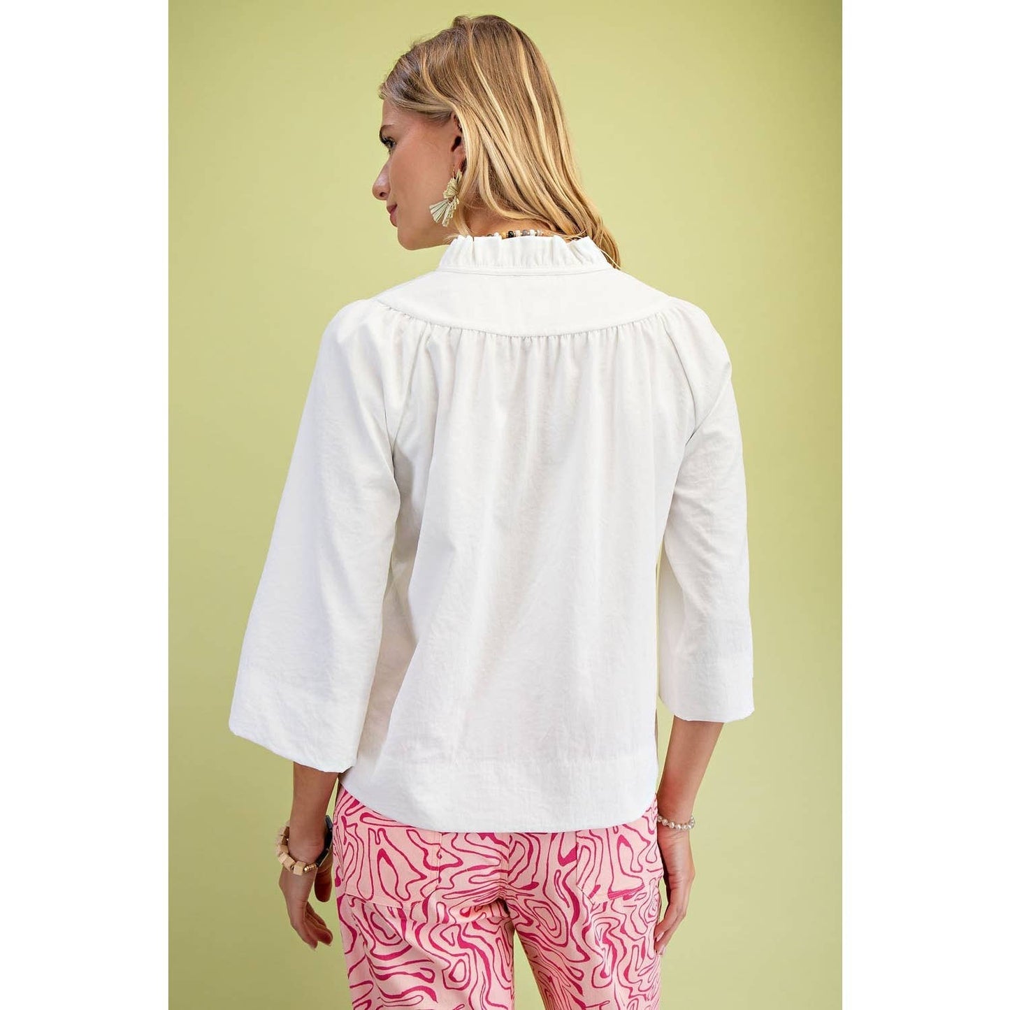 Wide Sleeves  Ruffled Neck Blouse: WHITE