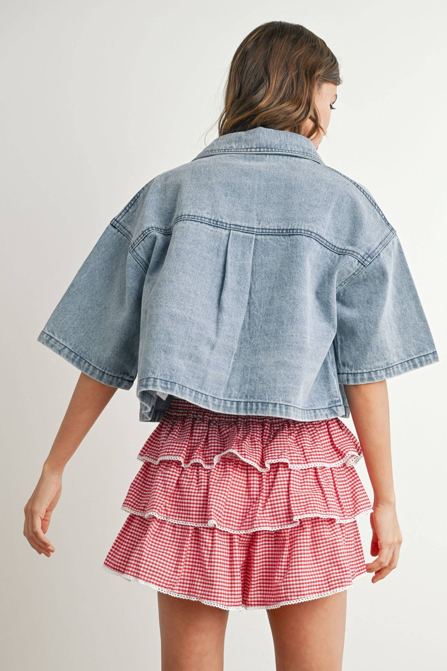 Button Front Cropped Shirt: DENIM