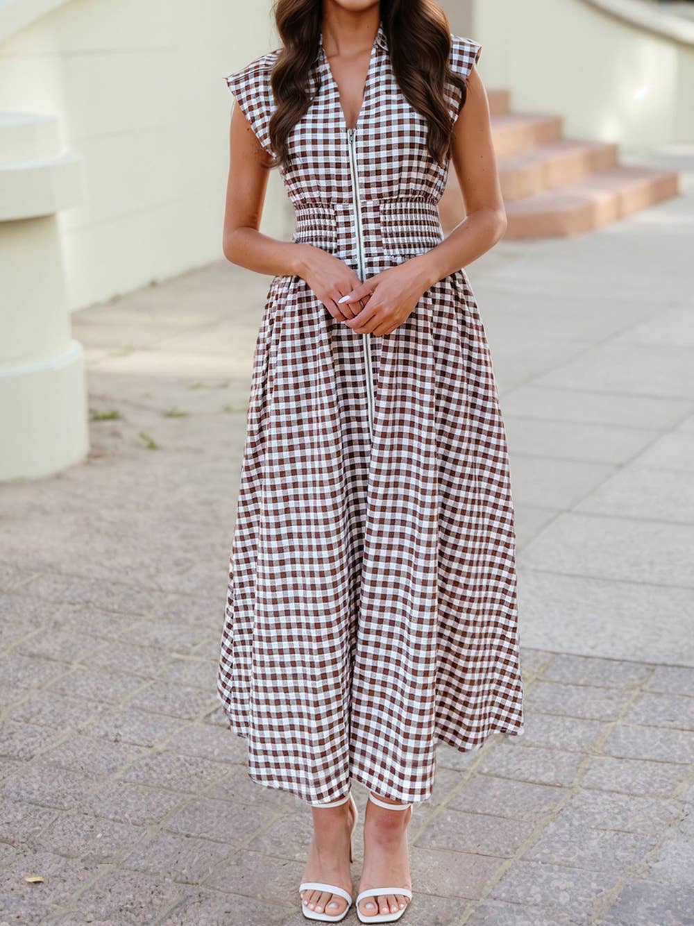 Full Zipper Gingham Waist Fit Flare Sleeveless Maxi Dress: Coffee