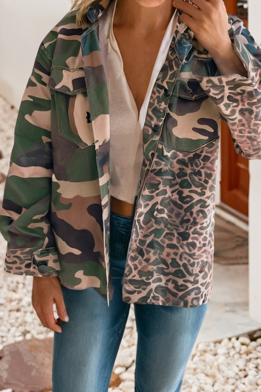 Leopard Camo Patchwork Oversize Shacket: Brown