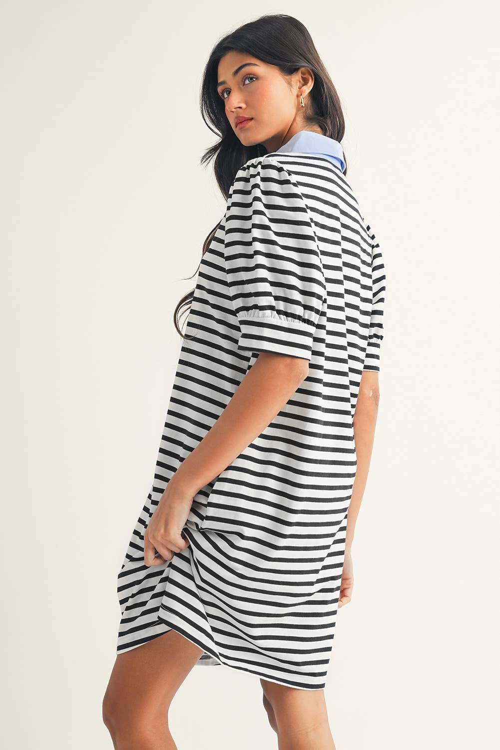 Stripe Contrast V Neck Collared T Shirt Mini Dress: Black