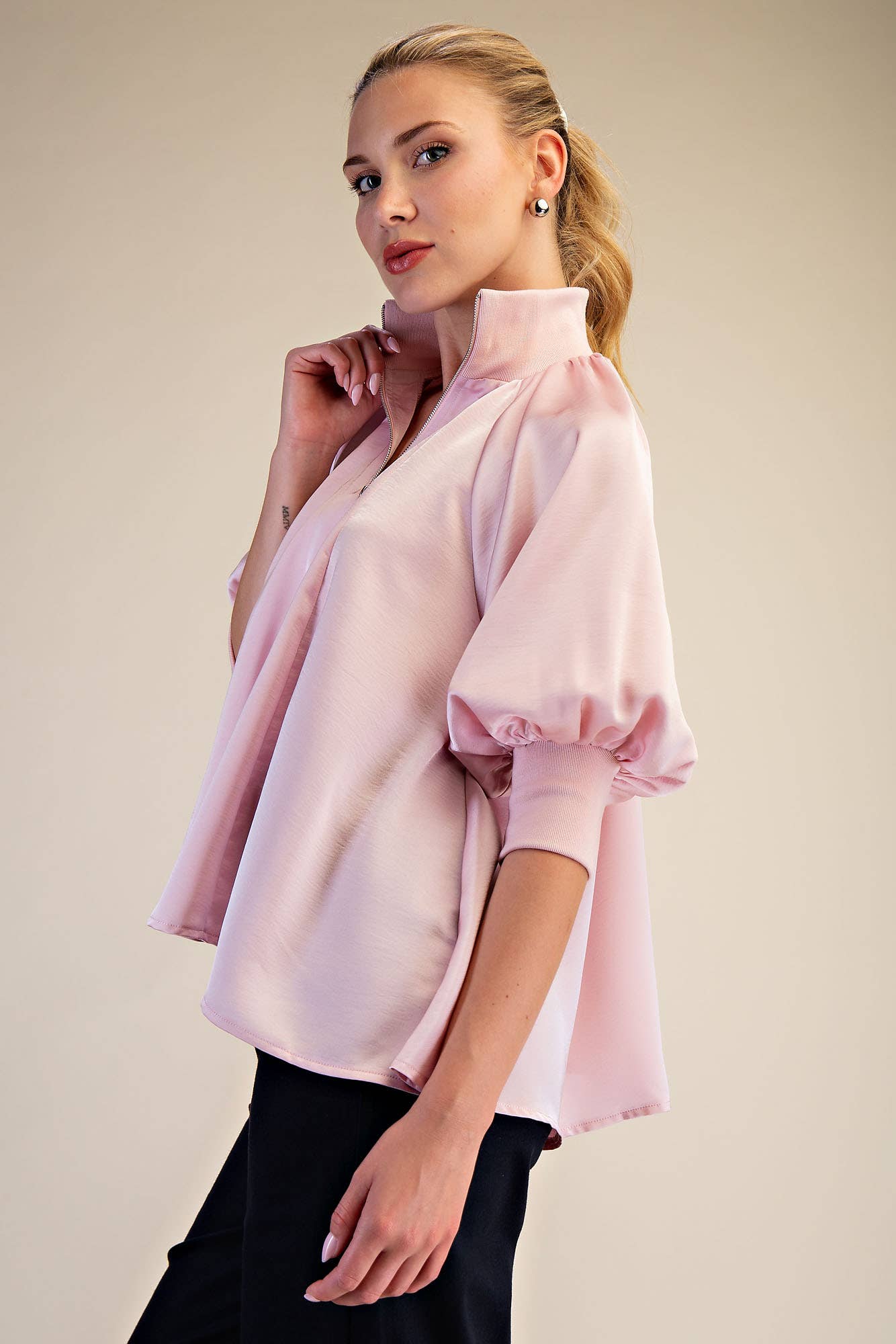 Mock Neck Band Puff Sleeve Elegance Blouse: Light Pink