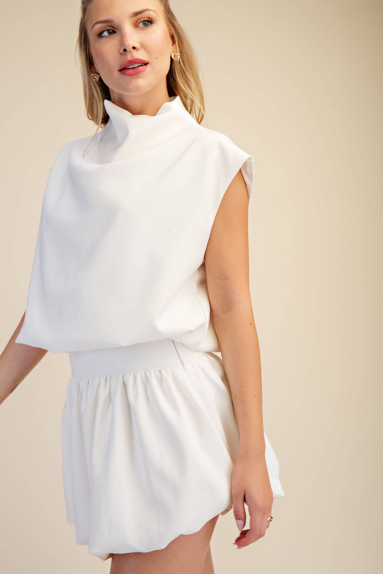 Mock Neck Balloon Top: Ivory