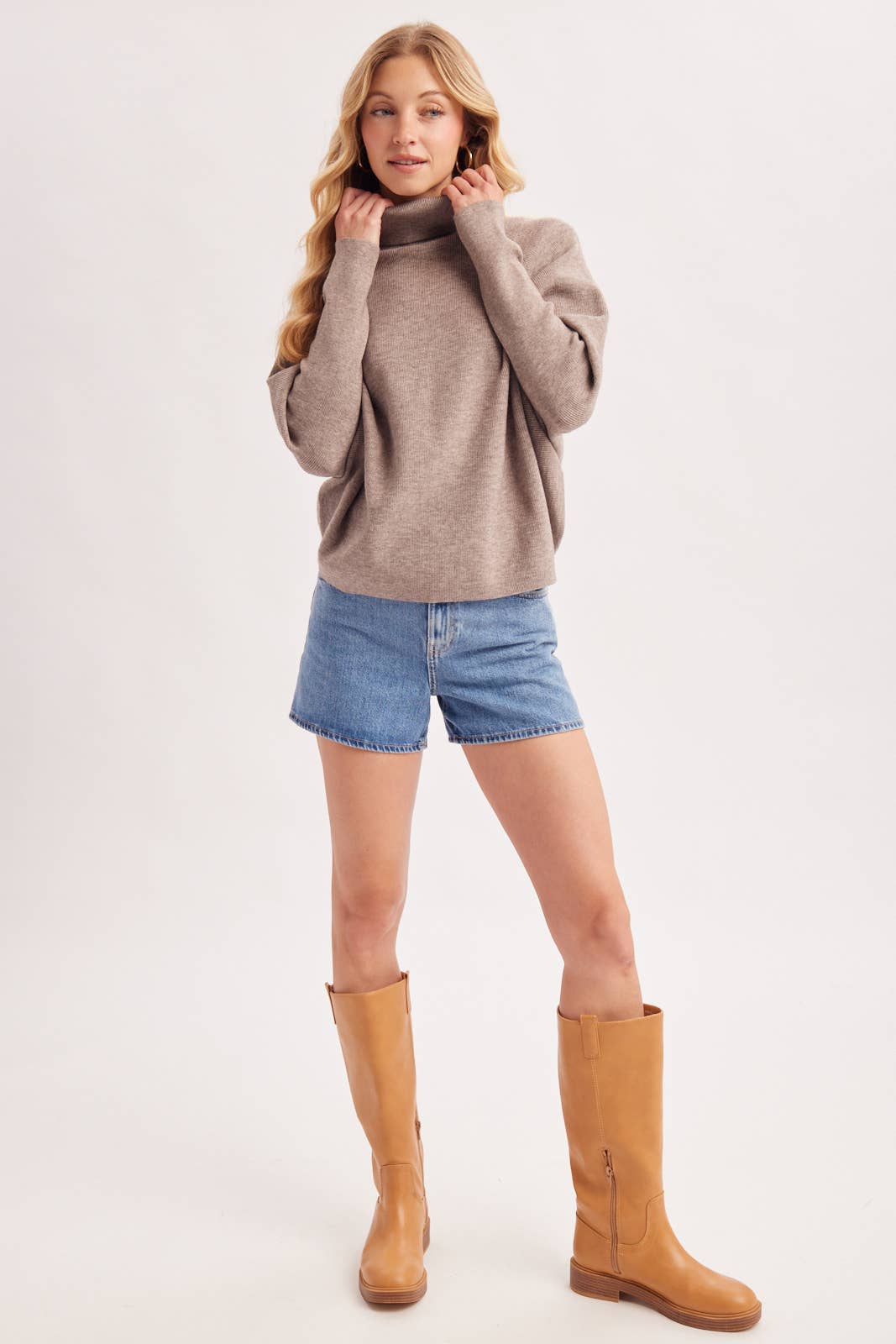 TURTLE NECK BATWING SLEEVED PULLOVER KNIT SWEATER: MELANG TAUPE