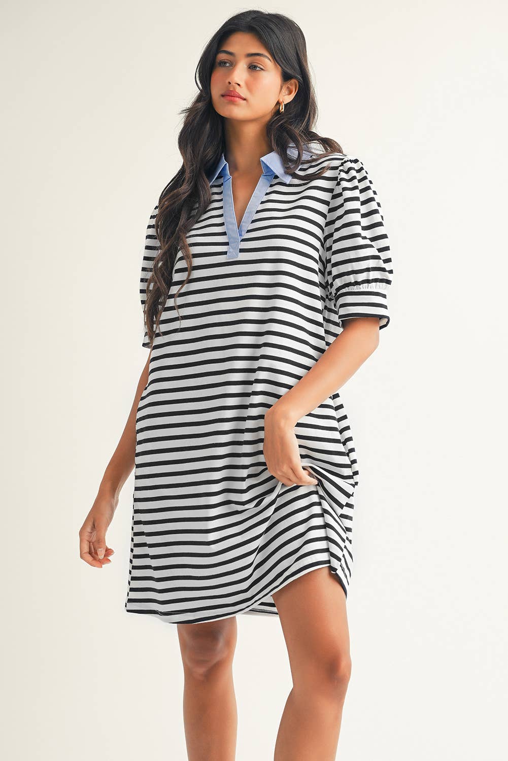 Stripe Contrast V Neck Collared T Shirt Mini Dress: Black