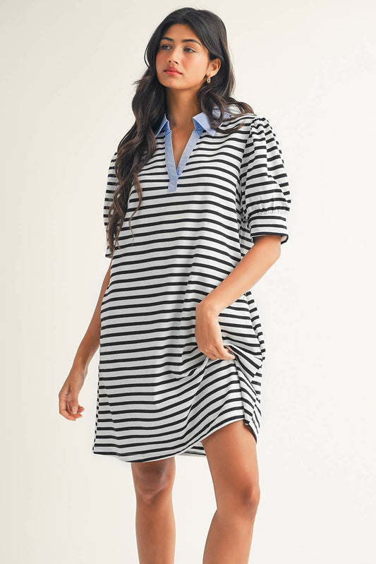 Stripe Contrast V Neck Collared T Shirt Mini Dress: Black