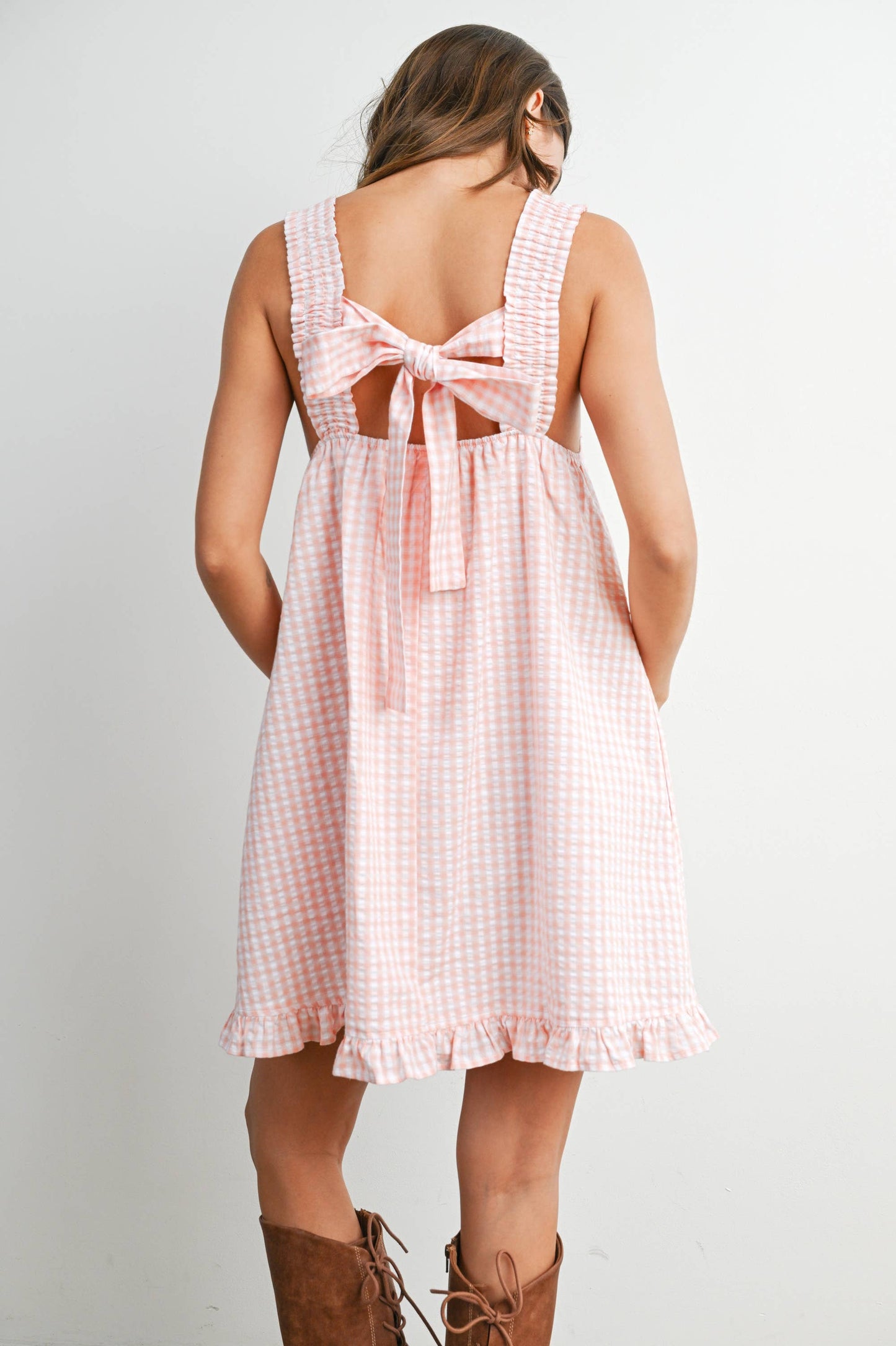 Back-Tie Smocked Yoke Ruffle Hem Dress - PINK / IVORY