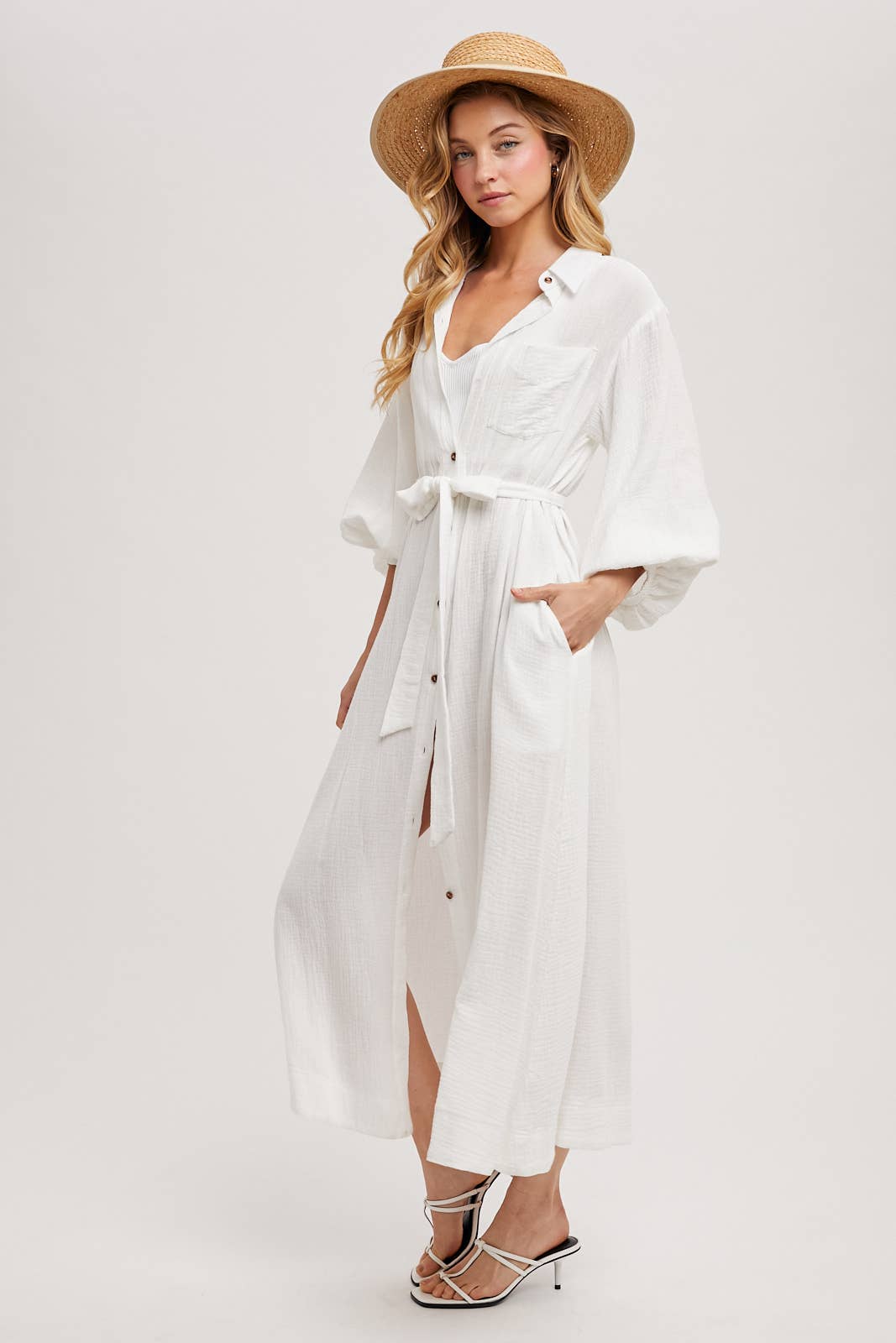 BUBBLE SLEEVE BELTED SHIRTS MIDI DRESS: MUSHROOM