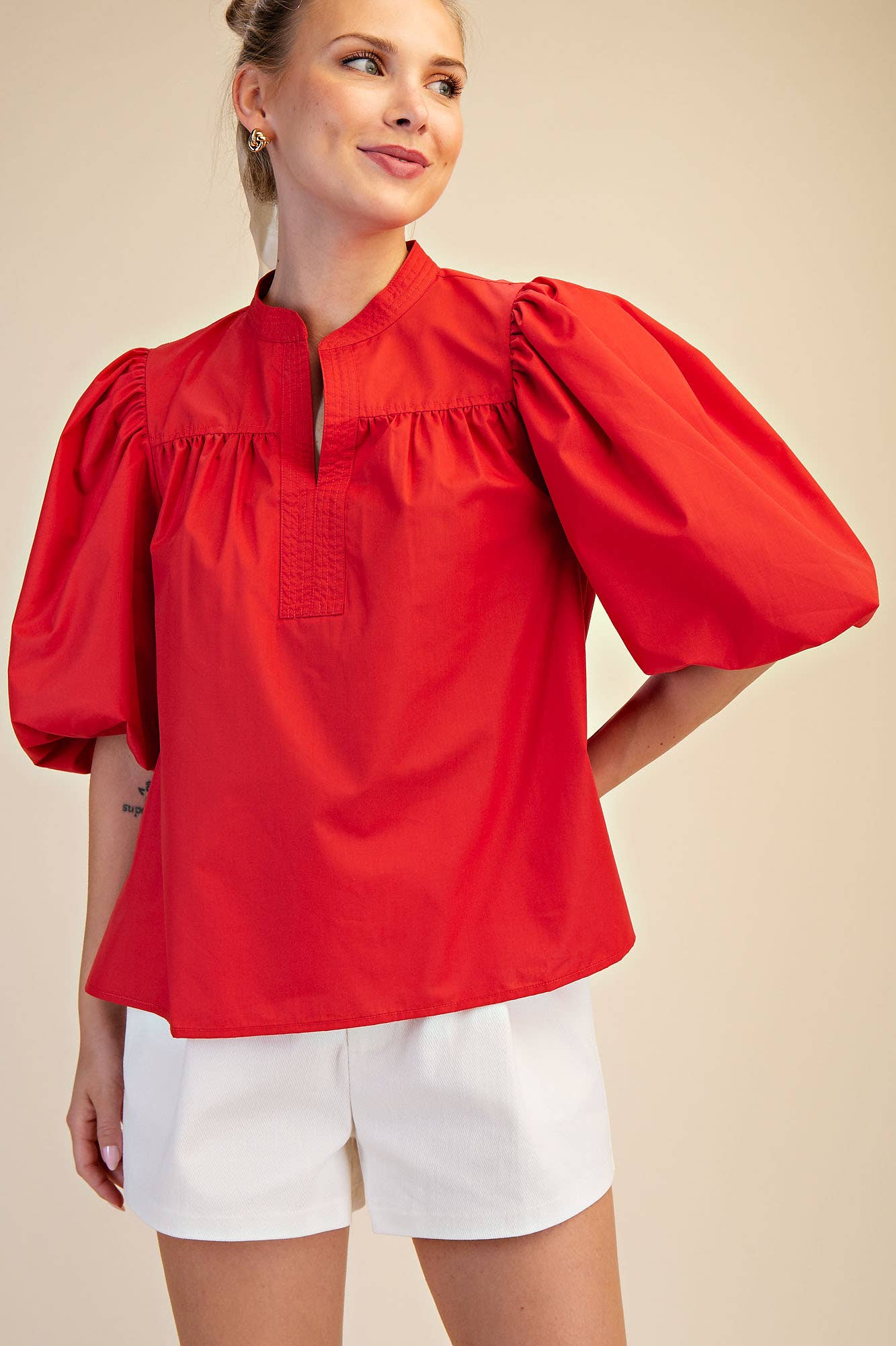 China Collar V-Neck Bubble Sleeve Poplin Top: Butter Yellow