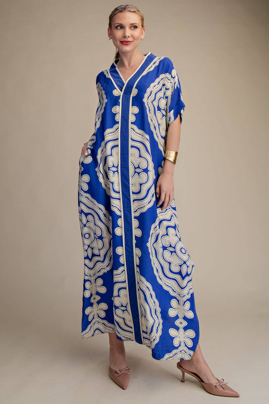 V-Neck Short Sleeve Maxi Print Dress: Blue