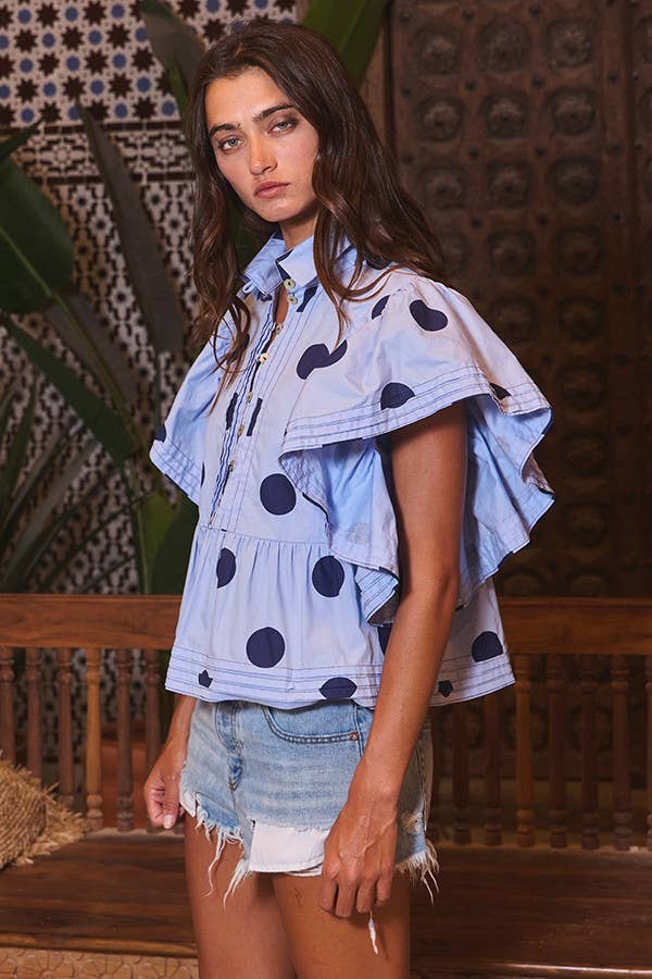 Ruffle Sleeves Pintuck Detail Polka Dot Print top: CREAM/BLACK
