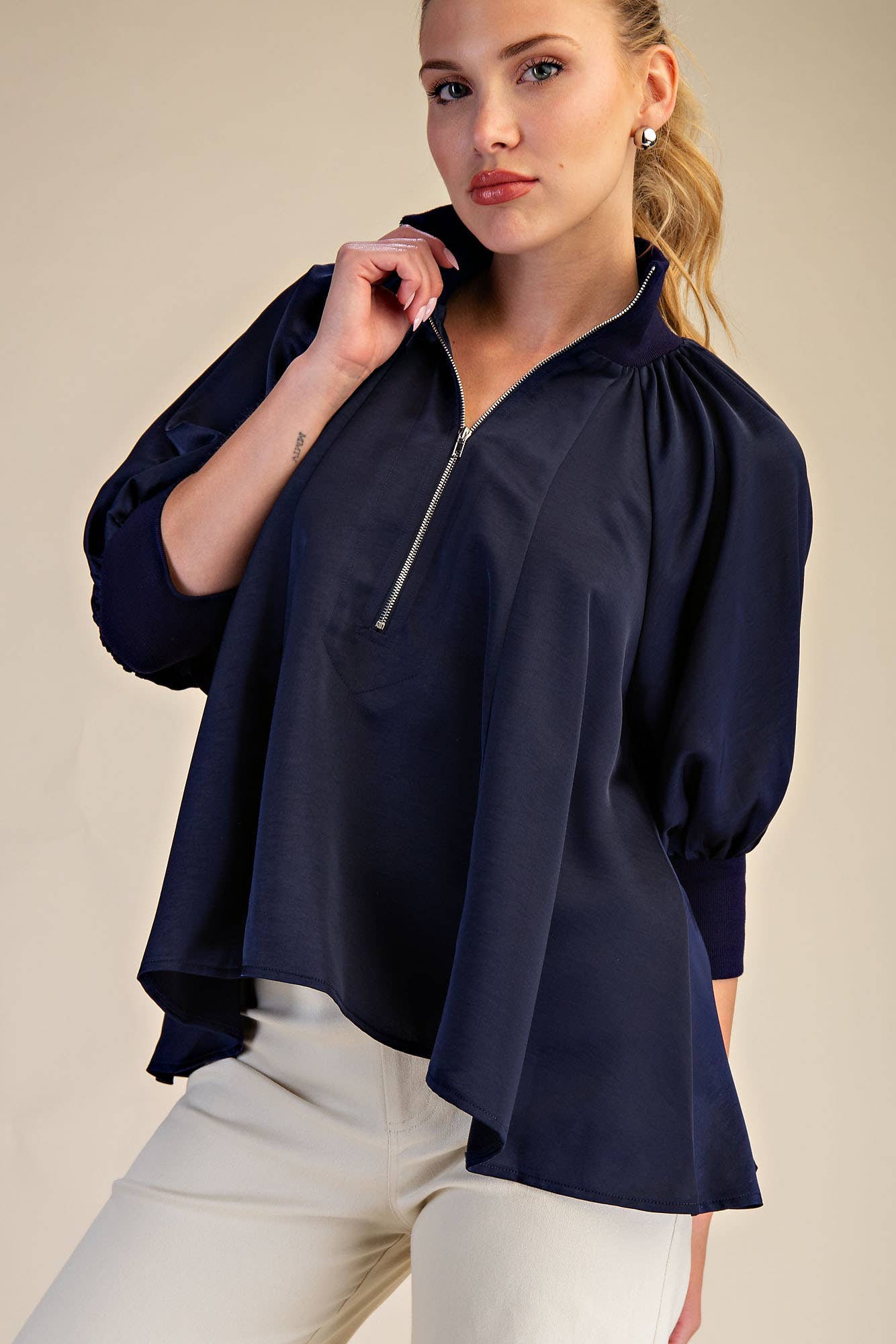 Mock Neck Band Puff Sleeve Elegance Blouse: Light Pink