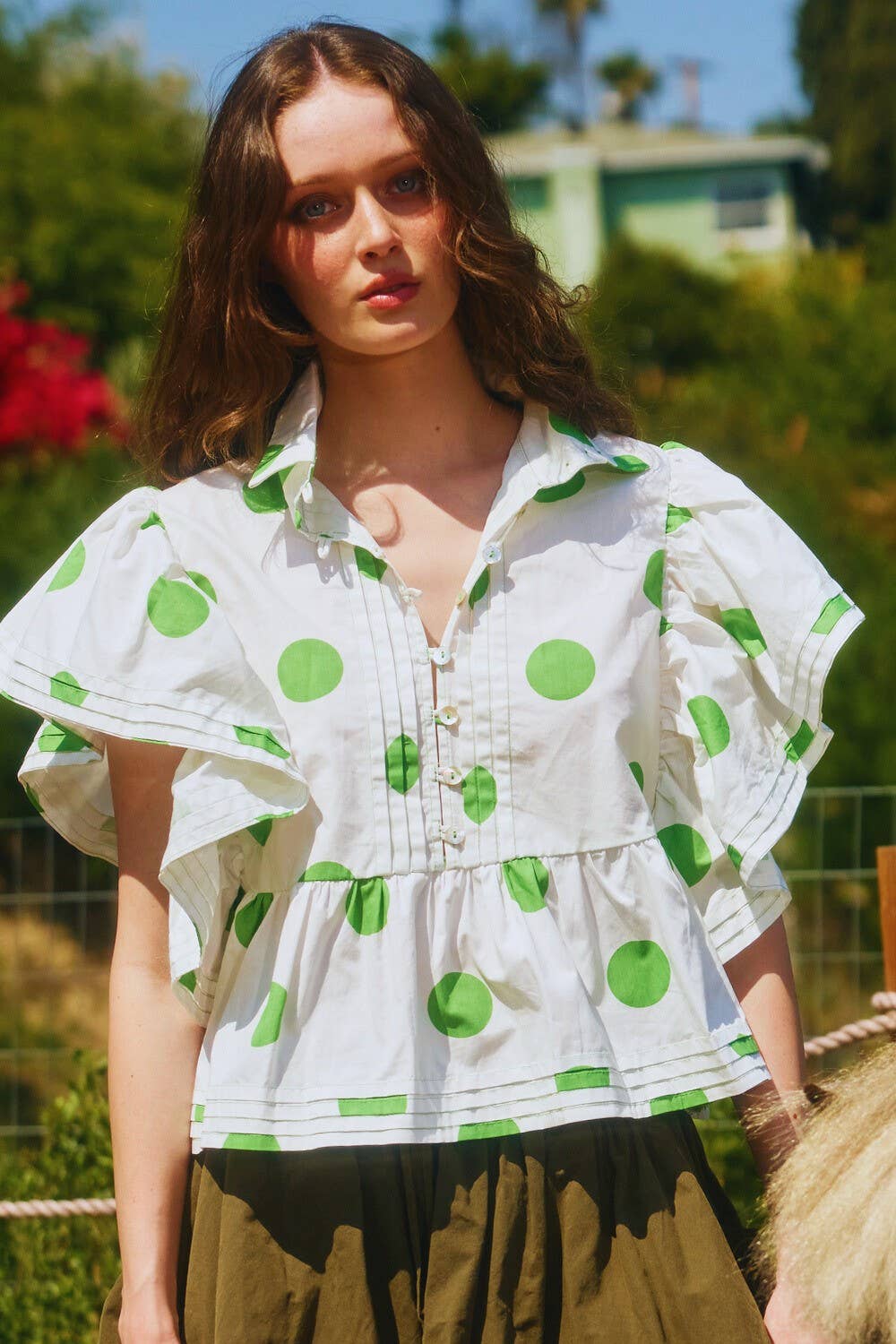 Ruffle Sleeves Pintuck Detail Polka Dot Print top: CREAM/BLACK